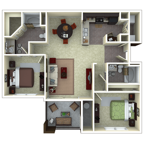 Floor plan for 2 beds, 2 baths, 1085 sqft